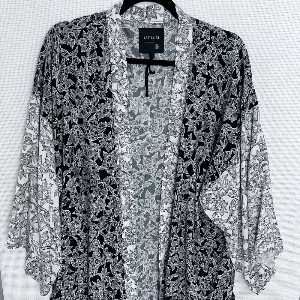 Cotton On Long Kimono Duster M/L Black White Floral Print Open Front Oversized